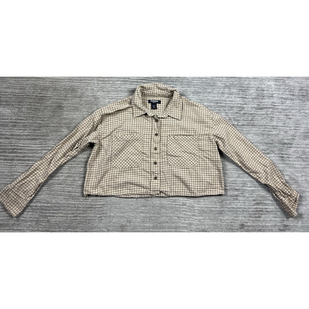 RSQ Button Down Shirt Womens Medium Tan Plaid Cropped Long Sleeve Cotton Pockets